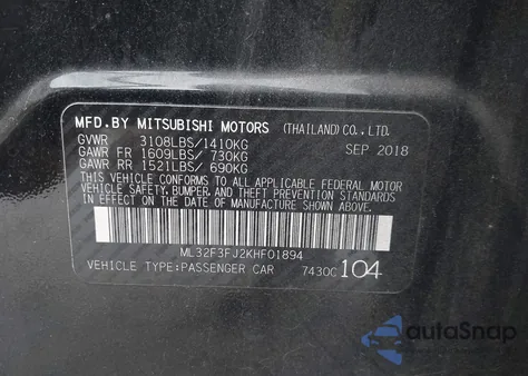 2019 Mitsubishi Mirage Es из США, поврежденный, VIN ML32F3FJ2KHF01894